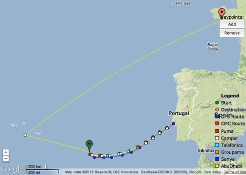 The fleet has made good progress to the Azores as at 1900hrs UTC on June 11, 2012. Leg 8 of the Volvo Ocean Race &copy; PredictWind.com www.predictwind.com